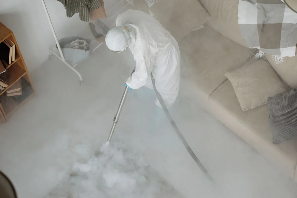 Biohazard cleanup technician in protective equipment, Denmark, SC